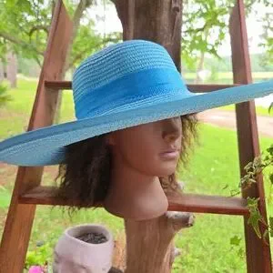 Sky Blue Extra Wide Floppy Brim Vintage Church Hat With Ribbon Accent Vintage Floppy Hat, Wide Brim Hat, 1960s-70s Hat, Vintage  main image 2